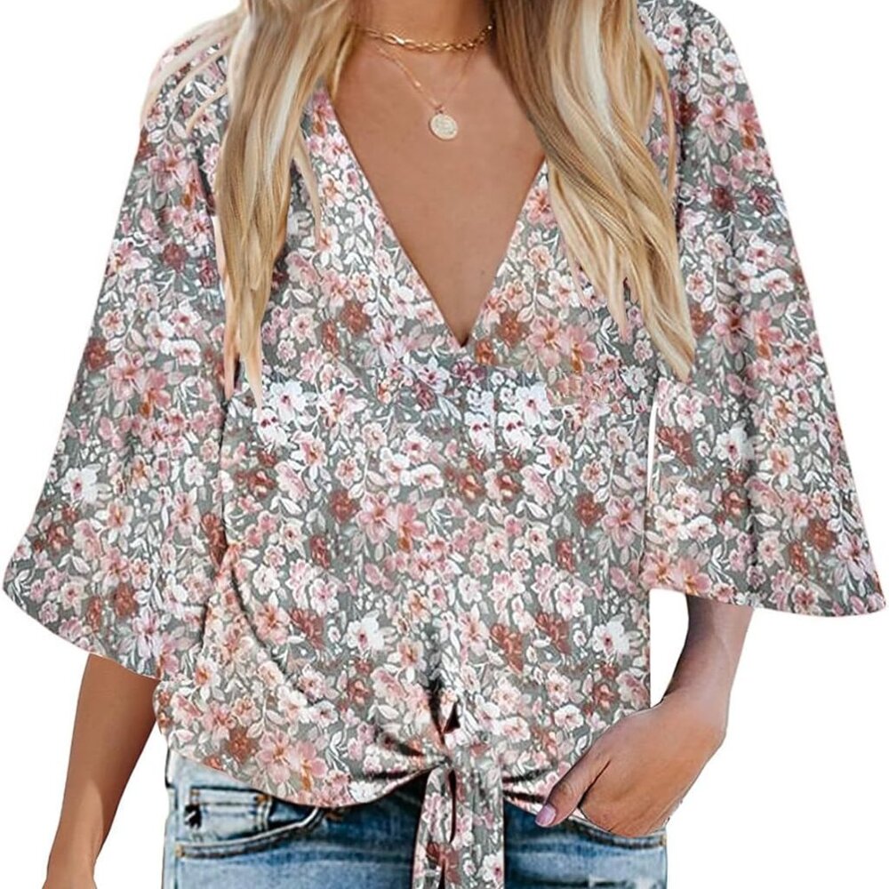 NWT BlueTime sz small tie knot front v neck floral shirt